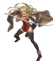 Rule 34 | 1girl, arrow (projectile), belt, black footwear, black gloves, blonde hair, boots, bow (weapon), breasts, cape, cleavage, cuboon, dark-skinned female, dark skin, dress, elbow gloves, female focus, fingerless gloves, fire emblem, fire emblem: the binding blade, fire emblem heroes, full body, gloves, highres, holding, holding bow (weapon), holding weapon, igrene (fire emblem), large breasts, lips, lipstick, long hair, makeup, matching hair/eyes, mole, mole under eye, nintendo, official art, quiver, red dress, red lips, shiny skin, short dress, sleeveless, sleeveless dress, solo, thigh boots, thighhighs, transparent background, weapon, yellow eyes, zettai ryouiki
