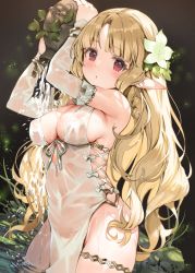 Rule 34 | 1girl, blonde hair, blush, breasts, cleavage, detached sleeves, dress, elf, flower, hair flower, hair ornament, holding, holding jug, jug (bottle), leaf, long hair, medium breasts, original, parsley-f, partially submerged, pelvic curtain, pointy ears, see-through, solo, thigh strap, water, wet, wet clothes, wet dress, white dress, white flower