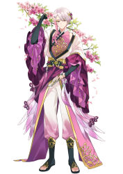Rule 34 | 1boy, alternate costume, azalea (flower), beads, belt, black bridal gauntlets, black footwear, boots, braid, branch, bridal gauntlets, closed mouth, coat, falling petals, feather trim, floral print, flower, folded fan, folding fan, frilled sleeves, frills, full body, gold belt, gold trim, gradient clothes, gradient hair, gradient pants, hair flower, hair ornament, hand fan, hand up, highres, holding, holding fan, holding flower, hu-geng (the tale of food), imp (imp330), leaf, long coat, long sleeves, looking at viewer, male focus, multicolored clothes, multicolored hair, pants, petals, pink coat, pink eyes, pink flower, pink hair, pink pants, pink shirt, purple sash, sash, shirt, short hair, side braid, simple background, single sidelock, sleeveless, sleeveless shirt, smile, solo, standing, swept bangs, tassel, the tale of food, toeless footwear, white background, white coat, white hair, white pants, wide sleeves