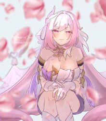 Rule 34 | 1girl, absurdly long hair, anniversary, bare shoulders, blue background, blurry, blurry foreground, breasts, cleavage, closed mouth, dmr pic, dress, elysia (herrscher of human:ego) (honkai impact), elysia (honkai impact), english text, gloves, hair ornament, highres, honkai (series), honkai impact 3rd, large breasts, long hair, looking at viewer, petals, pink eyes, pink hair, smile, solo, squatting, very long hair, white dress, white gloves