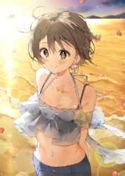 Rule 34 | 1girl, arm at side, arms behind back, bad id, bad pixiv id, bare shoulders, bikini, bikini top only, bikini under clothes, black bikini, braid, breasts, brown hair, collarbone, commentary request, cowboy shot, crop top, denim, groin, h shai, jewelry, looking away, medium breasts, midriff, navel, ocean, original, outdoors, pendant, sand, see-through, shirt, short hair, smile, solo, summer, sunset, swimsuit, twin braids, water, white shirt, wind, wind lift