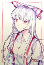 Rule 34 | 1girl, absurdres, bow, buttons, closed mouth, collared shirt, fujiwara no mokou, hair bow, highres, hime cut, light smile, long hair, long sleeves, looking at viewer, navybluesparrow, open collar, painting (medium), red eyes, shirt, sidelocks, sleeve garter, solo, suspenders, touhou, traditional media, upper body, very long hair, watercolor (medium), white bow, white hair, white shirt