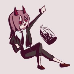 Rule 34 | 1girl, animal, black jacket, black necktie, black pants, business suit, cage, cat, chainsaw man, collared shirt, demon girl, demon horns, formal, full body, grey background, horns, jacket, long hair, meowy (chainsaw man), mumu41975827, necktie, neckwear request, open mouth, pants, pink hair, power (chainsaw man), red eyes, red horns, shirt, simple background, sitting, solo, suit, white shirt