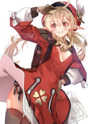 Rule 34 | 1girl, :d, aged up, ahoge, arm up, artist name, backpack, bag, black ribbon, blonde hair, blush, breasts, brown gloves, brown thighhighs, cleavage, commentary, dress, english commentary, eyebrows hidden by hair, genshin impact, gloves, grin, hair between eyes, hand on forehead, hand on own hip, hat ornament, klee (genshin impact), layered sleeves, long hair, long sleeves, looking at viewer, medium breasts, open mouth, panties, parted lips, pointy ears, pom pom (clothes), red dress, red eyes, red headwear, ribbon, side-tie panties, simple background, smile, solo, sydus, thigh gap, thighhighs, twintails, underwear, white background