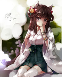 Rule 34 | 1girl, animal ears, bad id, bad pixiv id, bell, bow, bracelet, braid, breasts, brown hair, covering own mouth, dappled sunlight, hair bow, japanese clothes, jewelry, jingle bell, long hair, miko, original, pink eyes, sitting, solo, sunlight, text focus, thighhighs, tukino (panna), white thighhighs