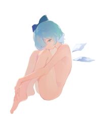 Rule 34 | 1girl, aleng, barefoot, blue eyes, blue hair, bow, cirno, completely nude, full body, hair bow, hands on feet, highres, ice, ice wings, knees to chest, looking at viewer, nude, short hair, simple background, smile, solo, touhou, white background, wings