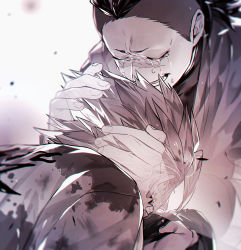 Rule 34 | blood, blood on clothes, blood in hair, brothers, clenched teeth, clothes writing, crying, dripping, closed eyes, facial mark, from behind, furrowed brow, ghost, hands on another&#039;s head, highres, holding, holding clothes, japanese clothes, kimetsu no yaiba, light particles, male focus, monochrome, namarigenshi, shinazugawa genya, shinazugawa sanemi, siblings, sobbing, spiked hair, streaming tears, tears, teeth, transparent, undercut, upper body