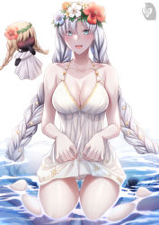 Rule 34 | 1girl, anastasia (fate), anastasia (swimsuit archer) (fate), anastasia (swimsuit archer) (second ascension) (fate), bare shoulders, blue eyes, blush, bow, braid, breasts, cleavage, collarbone, doll, dress, dress swimsuit, fate/grand order, fate (series), flower wreath, hair bow, hair over one eye, head wreath, highres, large breasts, long hair, looking at viewer, open mouth, silver hair, sitting, smile, thighs, twin braids, very long hair, viy (fate), wariza, wet, white dress, zaregoto tsukai no deshi