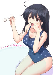 Rule 34 | 1girl, ahoge, black hair, blue one-piece swimsuit, brown eyes, casual one-piece swimsuit, commentary request, cowboy shot, dated, feeding, kantai collection, long hair, moke ro, one-piece swimsuit, open mouth, polka dot, polka dot swimsuit, see-through, simple background, sitting, smile, solo, spoon, swimsuit, table, twitter username, ushio (kancolle), white background