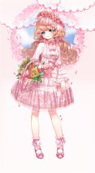 Rule 34 | 1girl, arm at side, basket, bobby socks, bouquet, bow, bowtie, braid, brown hair, choker, clenched hand, dress, eyeshadow, flats, floral print, flower, flower basket, frilled choker, frills, full body, hair bow, headdress, holding, holding basket, layered sleeves, lolita fashion, long hair, long sleeves, looking at viewer, makeup, nicohi, original, parted lips, petals, pink bow, pink bowtie, pink dress, pink flower, pink ribbon, pink rose, print dress, ribbon, rose, socks, solo, sweet lolita, wavy hair