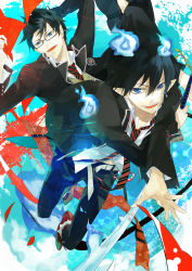 Rule 34 | 2boys, ao no exorcist, bad id, bad pixiv id, black hair, blue eyes, brothers, fangs, fire, flame-tipped tail, flaming sword, flaming weapon, formal, glasses, jiku (0128hirosi), multiple boys, necktie, okumura rin, okumura yukio, open mouth, pointy ears, siblings, striped necktie, striped neckwear, suit, sword, tail, weapon