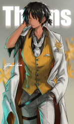 Rule 34 | 1boy, absurdres, arknights, arm behind head, belt, belt buckle, black belt, black hair, black shirt, buckle, character name, collarbone, collared shirt, commentary request, dark-skinned male, dark skin, ear piercing, grey background, grey pants, hand in pocket, hand up, highres, jacket, long sleeves, looking at viewer, male focus, orange eyes, pants, parted lips, piercing, ponytail, rau ma (the rauma001), shirt, short sleeves, signature, simple background, solo, standing, text background, thorns (arknights), vest, white jacket, yellow vest