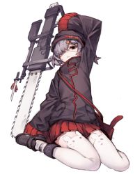 Rule 34 | 1girl, animal ear legwear, arknights, arm up, black footwear, black hat, black jacket, closed mouth, commentary request, eyepatch, full body, grey hair, hair ornament, hair over one eye, hairclip, hat, highres, holding, holding weapon, jacket, long sleeves, looking at viewer, parted bangs, pleated skirt, popukar (arknights), red eyes, red skirt, shoes, simple background, sitting, skirt, sleeves past wrists, solo, thighhighs, wariza, weapon, white background, white thighhighs, wide sleeves, x hair ornament, yanyan (shinken gomi)