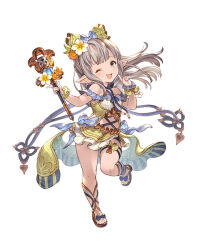 Rule 34 | dress, feet, full body, gold, granblue fantasy, grey hair, lilele (granblue fantasy), one eye closed, open mouth, pointy ears, sandals, smile, tagme, white background
