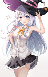 Rule 34 | 1girl, :d, absurdres, black hat, black skirt, blue eyes, blush, bow, braid, collared shirt, cowboy shot, dress shirt, elaina (majo no tabitabi), floating hair, hair between eyes, hair bow, hair ornament, hand on own hip, hari83421, hat, highres, layered skirt, long hair, looking at viewer, majo no tabitabi, miniskirt, open mouth, pink bow, pleated skirt, shiny skin, shirt, silver hair, simple background, single braid, skirt, sleeveless, sleeveless shirt, smile, solo, standing, very long hair, white background, white shirt, wing collar, witch hat, yellow neckwear