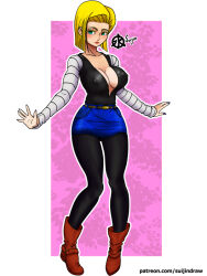 Rule 34 | 1girl, android 18, aqua eyes, artist name, blonde hair, breasts, covered nipples, dragon ball, dragonball z, large breasts, long sleeves, outside border, patreon username, self-upload, short hair, skirt, smile, solo, suijindraw, tagme