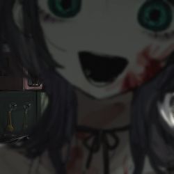 Rule 34 | 1girl, black hair, blood, blood on face, blurry, blurry foreground, choker, close-up, green eyes, horror (theme), indoors, microwave, narue, open mouth, original, refrigerator, ribbon choker, short hair, solo, trash can