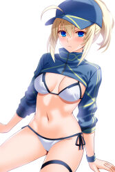 Rule 34 | 1girl, ahoge, artoria pendragon (fate), baseball cap, bikini, blonde hair, blue eyes, blue hat, blue jacket, blush, breasts, cleavage, closed mouth, commentary request, cropped jacket, engo (aquawatery), fate/grand order, fate (series), hat, jacket, long hair, long sleeves, looking at viewer, medium breasts, mysterious heroine x (fate), mysterious heroine xx (fate), navel, ponytail, simple background, sitting, solo, stomach, swimsuit, white background, white bikini