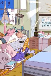 Rule 34 | 1girl, alternate costume, animal ears, bag, bed, bedroom, brown hair, can, chest of drawers, commentary request, dirty, eiffel tower, highres, horse ears, horse girl, horse tail, lying, messy room, monster energy, on bed, on stomach, pleated skirt, purple serafuku, purple shirt, purple skirt, school uniform, serafuku, shirt, short hair, short ponytail, skirt, solo, tail, tracen school uniform, trash, trash bag, umamusume, venus paques (umamusume), wahiko (black bastard), window, winter uniform