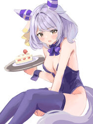 Rule 34 | 1girl, absurdres, alternate costume, animal ears, blush, breasts, brown eyes, cake, cleavage, commentary request, food, grey hair, highres, hishi miracle (umamusume), holding, horse ears, horse girl, horse tail, medium breasts, medium hair, nontraditional playboy bunny, open mouth, partial commentary, plate, ribbon, solo, tail, tray, tsurubami (gaad5227), umamusume, white background