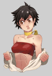 Rule 34 | 1girl, abs, bad deviantart id, bad id, bandaid, bandaid on face, bandaid on nose, bandeau, bankage, bare shoulders, black hair, blush, breasts, brown eyes, choker, covered erect nipples, dougi, grey background, makoto (street fighter), midriff, navel, off shoulder, red bandeau, ribbon choker, short hair, simple background, small breasts, solo, strapless, street fighter, tomboy, tube top, undressing, upper body, very short hair