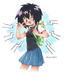 Rule 34 | 1girl, ;d, bag, black hair, blush, brown eyes, cropped legs, fang, highres, looking at viewer, marvel, one eye closed, open mouth, oyatsu (mk2), peni parker, school uniform, short hair, short sleeves, skirt, smile, solo, spider-man: into the spider-verse, spider-man (series), spider-verse, v