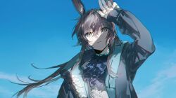 Rule 34 | 1girl, amiya (arknights), animal ears, arknights, arm up, blue coat, blue sky, cheonyeon-hi, choker, cloud, coat, commentary request, english text, eyes visible through hair, frilled shirt, frills, grey hair, hair over eyes, hair strand, highres, ascot, jewelry, long hair, long sleeves, looking at viewer, open clothes, open coat, open mouth, outdoors, parted lips, rabbit ears, rabbit girl, ring, shading eyes, shirt, sidelocks, sky, sleeves past wrists, solo, sunlight, upper body