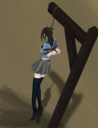 Rule 34 | 1girl, ahoge, arms behind back, asphyxiation, bdsm, bondage, bound, breasts, brown hair, death, execution, female focus, gallows, grey skirt, hanged, highres, loafers, medium breasts, medium hair, noose, pleated skirt, restrained, school uniform, shoes, skirt, thighhighs
