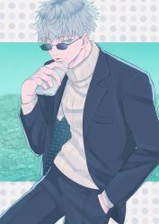 Rule 34 | &gt; o, 1boy, black jacket, black pants, blue eyes, gojou satoru, hand in pocket, hand up, high collar, highres, holding, holding phone, jacket, jujutsu kaisen, male focus, one eye closed, open clothes, open jacket, pants, parted lips, phone, s0311 tre, shirt, short hair, solo, sunglasses, white hair, white shirt