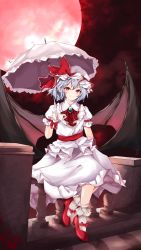 Rule 34 | 1girl, absurdres, ascot, bat wings, blue hair, bow, closed mouth, full moon, hair bow, hat, highres, holding, holding umbrella, looking at viewer, mob cap, moon, on railing, orchid (orukido), outdoors, pointy ears, railing, red ascot, red bow, red eyes, red footwear, remilia scarlet, revision, shirt, short hair, sitting, skirt, smile, socks, solo, touhou, umbrella, white hat, white shirt, white skirt, white socks, white umbrella, wings