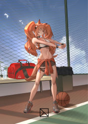 Rule 34 | 1girl, absurdres, angelina (arknights), animal ears, arknights, bag, ball, bare legs, bare shoulders, basketball, basketball (object), black footwear, black shorts, blue sky, bottle, breasts, brown hair, cleavage, closed mouth, clothes around waist, day, duffel bag, fox ears, fox girl, fox tail, full body, hairband, highres, jacket, jacket around waist, large breasts, long hair, looking at viewer, navel, njnywy, official alternate costume, one eye closed, outdoors, red eyes, red hairband, shoes, shorts, sky, sneakers, solo, sports bra, standing, stomach, stretching, sweatband, tail, thigh strap, toned, trash can, twintails, very long hair, water bottle