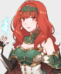 Rule 34 | 1girl, armor, armored dress, bare shoulders, black gloves, blush, celica (fire emblem), detached collar, dress, elbow gloves, fingerless gloves, fingernails, fire emblem, fire emblem echoes: shadows of valentia, fire emblem heroes, gloves, green dress, green hairband, grey background, hairband, highres, long hair, looking at viewer, magic, nintendo, official alternate costume, orange eyes, orange hair, peach11 01, simple background, smile, solo, twitter username, two-tone dress, upper body, wavy hair, white dress