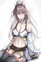 Rule 34 | 1girl, absurdres, arknights, bare shoulders, black thighhighs, blue eyes, breasts, brown hair, cleavage, commentary, cowboy shot, crystal, detached sleeves, expressionless, garter straps, hair between eyes, highres, jewelry, kirin (armor), kirin r yato (arknights), large breasts, long hair, looking at viewer, mane, midriff, mole, mole under eye, multicolored hair, navel, parted lips, pendant, pointy ears, poni (poni arknights), simple background, single bare arm, single detached sleeve, sitting, solo, stomach, thighhighs, two-tone hair, white background, white hair, yato (arknights), zettai ryouiki