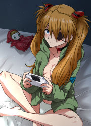 Rule 34 | 1girl, absurdres, bed, blue eyes, blush, breasts, brown hair, cleavage, crossed legs, doll, evangelion: 3.0+1.0 thrice upon a time, expressionless, eyepatch, green jacket, hair ornament, hairclip, handheld game console, highres, jacket, legs, long hair, looking at viewer, neon genesis evangelion, no bra, open clothes, open jacket, panties, puppet, rebuild of evangelion, sitting, solo, souryuu asuka langley, underwear
