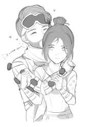 Rule 34 | 1boy, 1girl, ^ ^, animification, apex legends, closed eyes, couple, english text, gloves, goggles, goggles on head, greyscale, hair bun, heart, hetero, highres, hug, hug from behind, itsaboutspoons, kiss, looking to the side, mirage (apex legends), monochrome, scar, scar across eye, scar on face, scarf, single hair bun, smile, white background, wraith (apex legends)