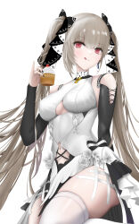 Rule 34 | 1girl, absurdres, alternate breast size, azur lane, black nails, bow, clothing cutout, cupcake, detached sleeves, flower, food, formidable (azur lane), frills, grey hair, highres, holding, holding food, long hair, nail polish, navel cutout, pinky out, red eyes, rose, siki (ppme4782), thighhighs, tongue, tongue out, twintails, underboob cutout, white bow, white flower, white rose, white thighhighs