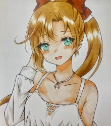 Rule 34 | 1girl, absurdres, akigumo (kancolle), bare shoulders, blush, bow, breasts, brown hair, collarbone, commentary request, dakkusu, dress, green eyes, grey background, hair bow, highres, kantai collection, long hair, marker (medium), off-shoulder dress, off shoulder, parted bangs, photo (medium), red bow, simple background, small breasts, solo, traditional media, upper body, very long hair, white dress