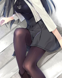 Rule 34 | 10s, 1girl, ankle boots, bad proportions, black hair, black pantyhose, black shirt, black skirt, boots, breasts, brown footwear, haruna (kancolle), head out of frame, jacket, jewelry, kantai collection, knee up, kobayashi chisato, long hair, long sleeves, medium breasts, necklace, open clothes, open jacket, pantyhose, pendant, shirt, sitting, skirt, solo, stairs, white jacket