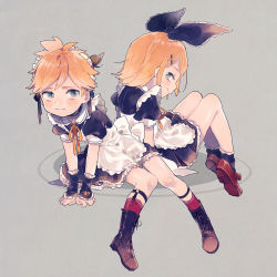 Rule 34 | 1boy, 1girl, apron, back-to-back, blonde hair, blue eyes, blush, boots, bow, bracer, brother and sister, choker, crossdressing, embarrassed, frills, hair bow, hair ornament, hairclip, kagamine len, kagamine rin, kneehighs, kouhara yuyu, lace, maid apron, maid headdress, necktie, shiny skin, short hair, short sleeves, siblings, simple background, sitting, smile, socks, twins, vocaloid