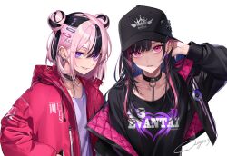Rule 34 | 2girls, baseball cap, black collar, black hair, black headwear, chain, chimachi, collar, commentary request, double bun, drawstring, ear piercing, earrings, grin, hair bun, hair ornament, hairclip, hand in pocket, hand up, hat, highres, hood, hood down, hooded jacket, jacket, jewelry, long hair, long sleeves, looking at viewer, mismatched earrings, multicolored hair, multiple girls, off shoulder, open clothes, open jacket, original, parted lips, piercing, pink eyes, pink hair, pink jacket, print headwear, print shirt, purple eyes, purple shirt, shirt, short hair, signature, simple background, smile, streaked hair, twitter username, two-sided fabric, two-sided jacket, upper body, white background, zipper