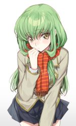 Rule 34 | 1girl, black skirt, c.c., closed mouth, code geass, cowboy shot, creayus, enpera, green hair, grey jacket, jacket, leaning forward, long hair, long sleeves, looking at viewer, miniskirt, pleated skirt, red scarf, scarf, school uniform, simple background, skirt, solo, striped clothes, striped scarf, very long hair, white background, yellow eyes