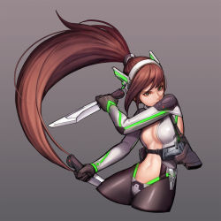 Rule 34 | 1girl, black eyes, bodysuit, breasts, brown hair, closed mouth, cropped legs, dual wielding, grey background, gun, hairband, handgun, highres, holding, holding knife, holding weapon, holster, jungon kim, knife, long hair, looking at viewer, medium breasts, navel, neko galaxy, pistol, ponytail, reverse grip, simple background, solo, third-party edit, very long hair, weapon