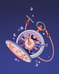 Rule 34 | artist name, bad id, bad instagram id, blue background, clock, cloud, crescent moon, full moon, gibbous moon, gradient background, half moon, highres, meyoco, moon, moon phases, new moon, no humans, original, pocket watch, sparkle, star (symbol), watch