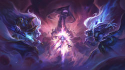 Rule 34 | 1girl, 2boys, absurdres, armor, character request, closed mouth, constellation, cosmic exile riven, cosmic zephyr yasuo, dark star shyvana, dark star zed, dragon, feet out of frame, from behind, gem, glowing, glowing eye, glowing mouth, hand up, helmet, highres, holding, holding sword, holding weapon, league of legends, long hair, long sleeves, multiple boys, open mouth, pants, ponytail, riven (league of legends), sharp teeth, sheath, shoulder armor, shyvana, space, sword, teeth, unsheathing, weapon, white hair, yasuo (league of legends), zed (league of legends), zoe (crownsforkings)