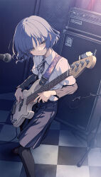 Rule 34 | 1girl, bass guitar, black footwear, black pantyhose, black ribbon, blue hair, blue skirt, bocchi the rock!, cable, checkered floor, closed mouth, collared shirt, commentary, electric guitar, green eyes, guitar, hair ornament, hairclip, highres, holding, holding instrument, instrument, kaito (k4itoh), layered sleeves, long sleeves, looking to the side, microphone, mole, mole under eye, music, neck ribbon, pantyhose, playing instrument, pleated skirt, ribbon, school uniform, shimokitazawa high school uniform, shirt, short hair, short over long sleeves, short sleeves, sidelocks, skirt, solo, standing, sweat, white shirt, yamada ryo