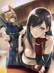 Rule 34 | 1boy, 1girl, absurdres, armor, bar (place), bare shoulders, belt, black hair, blonde hair, blue eyes, breasts, brown eyes, buster sword, cleavage, closed mouth, cloud strife, counter, crop top, crossed arms, cup, earrings, elbow sleeve, final fantasy, final fantasy vii, final fantasy vii remake, fingerless gloves, gloves, highres, jewelry, large breasts, leaning forward, red gloves, seventh heaven, shoji sakura, shoulder armor, skirt, sleeveless, sleeveless sweater, smile, spiked hair, square enix, standing, suspender skirt, suspenders, sweater, swept bangs, sword, sword behind back, tank top, tavern, tifa lockhart, turtleneck, turtleneck sweater, weapon, white tank top