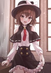 Rule 34 | 1girl, :d, absurdres, black capelet, black choker, black hat, black skirt, blush, brown eyes, brown hair, buttons, capelet, center frills, choker, clothing cutout, commentary request, cowboy shot, detached sleeves, eyelashes, fedora, fingernails, frills, hair ribbon, hand on table, hat, highres, looking at viewer, necktie, open mouth, puffy sleeves, ramie (ramie541), red necktie, ribbon, ribbon-trimmed capelet, shirt, short hair, shoulder cutout, skirt, skirt set, sleeveless, sleeveless shirt, smile, solo, standing, table, tongue, touhou, tress ribbon, usami renko, white curtains, white ribbon, white shirt, white sleeves, window, wooden table