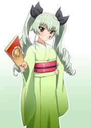Rule 34 | 10s, 1girl, anchovy (girls und panzer), brown eyes, diesel-turbo, drill hair, girls und panzer, green hair, hagoita, japanese clothes, kimono, long hair, paddle, smile, solo, twin drills