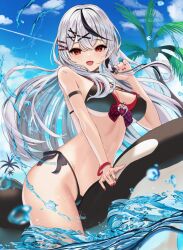Rule 34 | 1girl, bare shoulders, bikini, black bikini, black hair, blush, breasts, cleavage, grey hair, hair between eyes, hair ornament, hololive, inari (ambercrown), inflatable orca, inflatable toy, large breasts, long hair, looking at viewer, multicolored hair, open mouth, outdoors, red eyes, sakamata chloe, smile, solo, streaked hair, swimsuit, virtual youtuber, x hair ornament