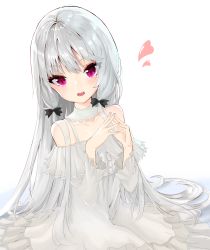 Rule 34 | 10s, 1girl, :d, absurdres, bad id, bad pixiv id, bare shoulders, black bow, bow, collarbone, commentary request, dress, eyelashes, fang, fingers together, frills, hair between eyes, hair ornament, hands up, head tilt, heart, highres, long hair, long sleeves, looking at viewer, on floor, open mouth, pink eyes, silver hair, simple background, sitting, smile, solo, sophie twilight, tonari no kyuuketsuki-san, user afpk7473, very long hair, white background, white dress